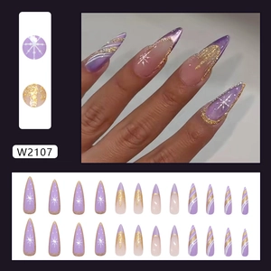 Dreamy purple cat eye press on nails with French glitter and snowflake patterns