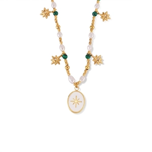 Stainless Steel Necklace With Freshwater Pearl And Malachite Style Beads Eight Pointed Star Oval Enamel Pendant For Women