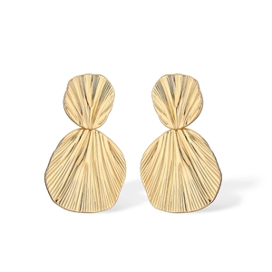 Golden double-layered geometric earrings with fan-shaped texture on white background