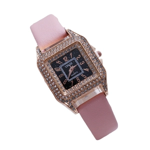 Elegant square quartz watch with rose gold diamond bezel and pink leather strap for women