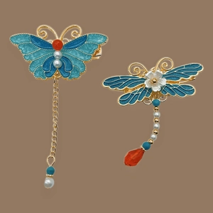 Traditional Chinese style butterfly and dragonfly enamel hair pins with pearls