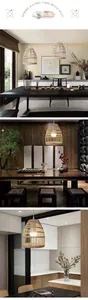 Detailed close-up of handmade rattan bell-shaped pendant lamp shade with natural wood tones