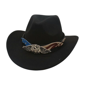 Classic black Western cowboy hat with USA flag emblem and stars on the hatband