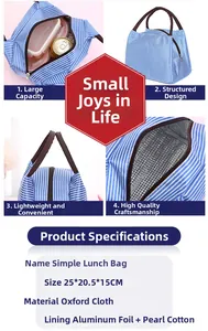Detail view of large striped lunch bag with thermal aluminum foil and oxford fabric
