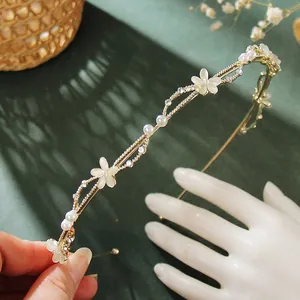 French style gold leaf headband with cat-eye flowers, pearls and crystal details