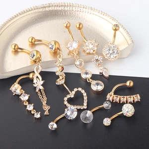Champagne gold 10-piece navel ring set with heart and star zircon dangles