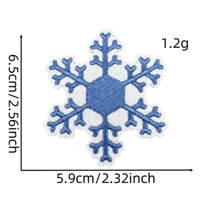 Blue and white snowflake embroidery patch measuring 6.5cm x 5.9cm for winter sewing projects