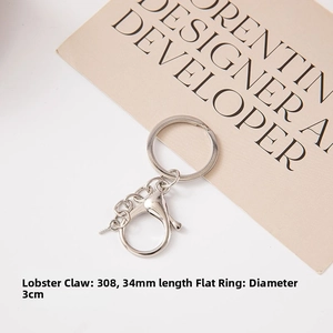 Close-up of DIY keychain hardware kit with 3cm flat ring and 34mm lobster clasp in silver