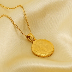 18K gold plated stainless steel St. Benedict medal necklace with twisted rope border