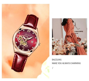 Dettagli dell'orologio al quarzo Dedima in oro rosa con cinturino in pelle rossa e cuore