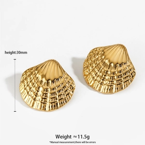 Golden titanium steel shell earrings with ribbed texture measuring 30mm in height