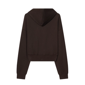 Vue arrière du sweat à capuche court marron foncé avec poignets côtelés en maille coton