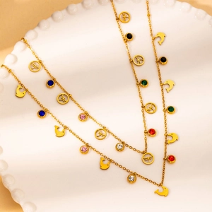 Gold stainless steel necklace with dragonfly and dolphin pendants and colorful zircons