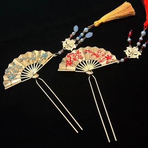 Golden Chinese fan hair sticks with colorful enamel flowers and luxury tassels on black
