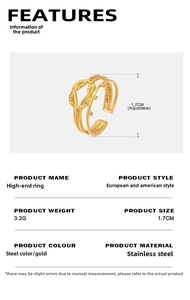 Detail showing layered 18K gold plated stainless steel ring dimensions and 3.2g weight