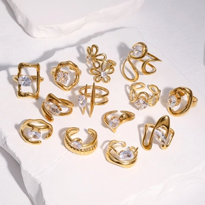 Luxurious 18k gold plated stainless steel open rings set with sparkling zircon crystals