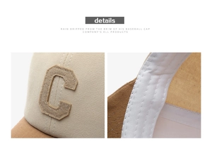 Detail view of cotton canvas baseball cap featuring vintage letter C patch and contrast stitching