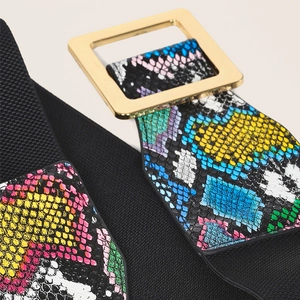 Elastic wide waist belt featuring colorful snakeskin pattern and gold rectangular buckle
