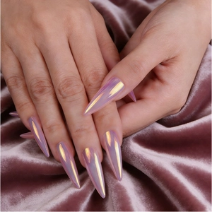 Long Stiletto Press On Nails Chrome Mirror Aurora Metallic Finish Purple Pink Artificial Fake Nails Full Cover Women