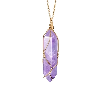 Natural amethyst hexagonal column pendant with gold wire wrapping on a fine chain