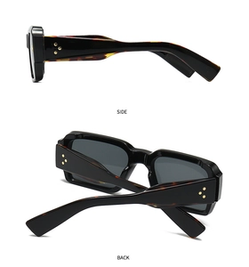 Side and back view of thick square sunglasses with gold star rivets and tortoise shell