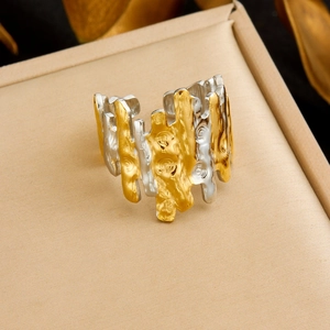 Adjustable two-tone stainless steel open ring with artistic lava texture and gold silver finish
