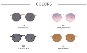 Collage of four vintage small round metal sunglasses in various lens and frame colors
