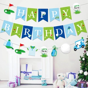 Blue golf theme happy birthday banner and sports party decorations over a white fireplace