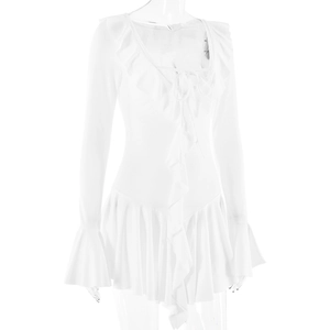 Detail of white V-neck dress featuring ruffled edges, lace-up front, and long flared sleeves