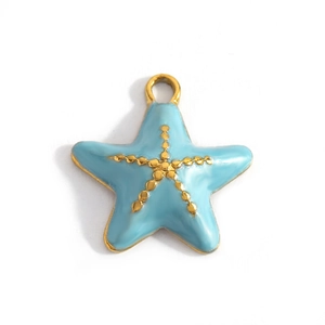 Detailed view of the sky blue starfish pendant with 18K gold trim and enamel finish