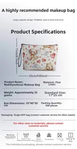 Detailed size specifications for the teddy bear heart print cosmetic bag in linen