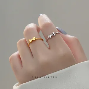 925 Sterling Silver Bow Knot Open Ring For Women Gold Silver Plated Chic Twist Texture Adjustable Finger Ring Jewelry