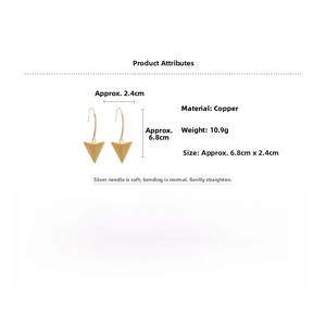 Detailed view of brushed gold triangle drop earrings with 925 silver pins and dimensions