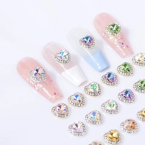 Sparkling aurora heart nail rhinestones with faceted gemstones and alloy metal base