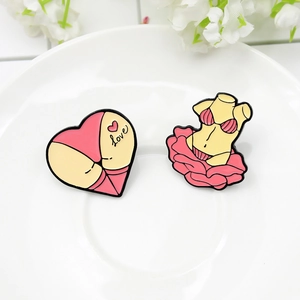 Pop art pink bikini lingerie enamel pin set with heart and floral torso motifs