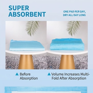 Thick disposable blue pet training pads showing high absorbency and expansion comparison