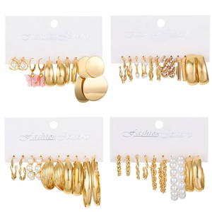 Golden alloy earrings set featuring geometric hoops, pearls, and pink butterfly charms