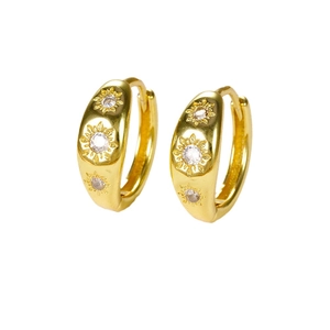 Golden hoop earrings with sunflower star patterns and embedded zircon stones