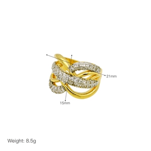 Detailed dimension view of gold X-shaped ring with zircon, 21mm width and 8.5g weight