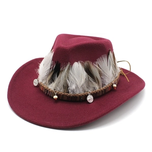 Detail of burgundy wool fedora featuring ethnic braided band and natural feathers