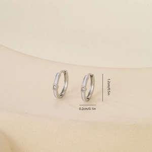 Detailed view of silver hoop earrings with zircon inlay showing 1.2cm height dimension