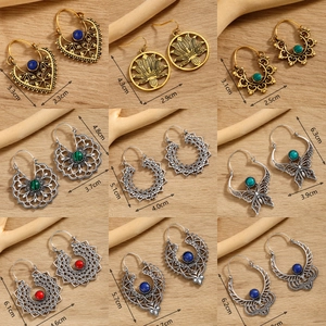Bohemian Vintage Drop Earrings Alloy Hollow Filigree Geometric Mandala Butterfly Tree Of Life Ethnic Stone Inlay Jewelry