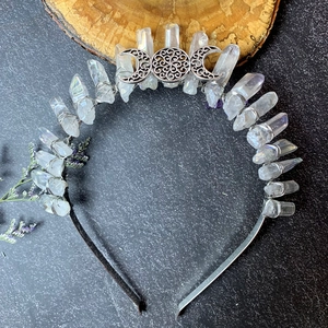 Close-up of handmade moon goddess headband featuring raw clear quartz crystal points