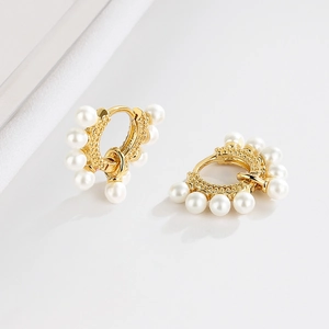 Sterling Silver Hoop Earrings With White Artificial Pearls Geometric Circle Minimalist Ins Style Fashion Jewelry For Women