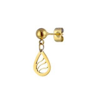 Macro detail of golden teardrop hollow earrings in polished titanium steel