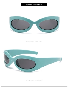 Detail view of oval Y2K sunglasses with teal frames and black lenses from two angles