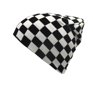 Winter knitted beanie featuring a classic black and white checkerboard pattern for warmth