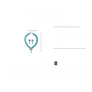 Detailed specs for turquoise and pearl teardrop sweater necklace with rhinestone accents