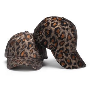 Metallic leopard print baseball caps with structured curved brim for outdoor sun protection