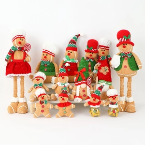 Detailed collection of gingerbread man plush ornaments and festive candy jars with LED lights